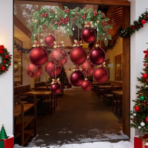 Stickers de fenêtre boules de Noël rouges avec branches de pin pour décoration de fête