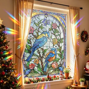 Decorative stained glass window film featuring blue birds and colorful floral branch design.