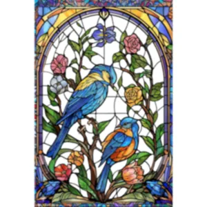Colorful stained glass static window sticker featuring blue birds and vibrant floral design
