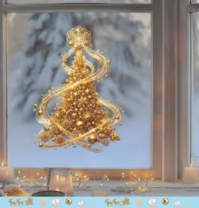 Vue détaillée d'un autocollant de fenêtre statique sapin de Noël doré géométrique