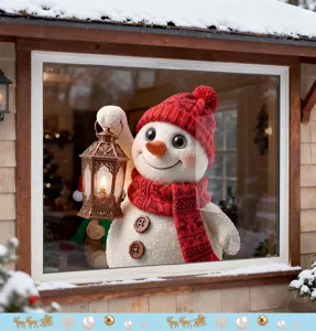 Detailed view of Christmas snowman window sticker with lantern and red scarf decoration