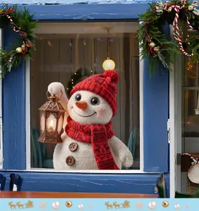 Festive Christmas snowman window sticker with red scarf and lantern design for holiday decor.