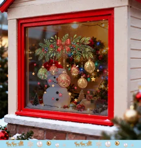 Festive Christmas window sticker detail featuring ornaments and bow on a glass surface