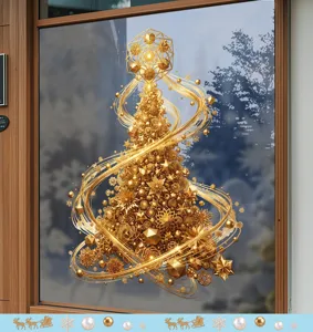Sticker de fenêtre sapin de Noël géométrique doré métallique pour décor de fête.