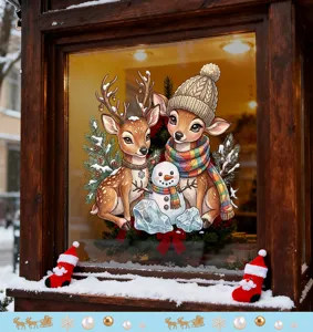 Detailansicht von Cartoon-Rentier und Schneemann Weihnachts-Fensteraufkleber statisch