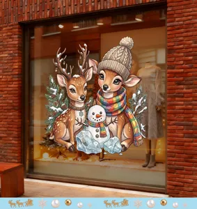 Cartoon Rentier und Schneemann Weihnachtsaufkleber für festliche Schaufenster