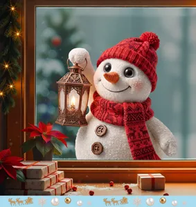 Detailed view of a festive Christmas snowman window sticker holding a glowing lantern
