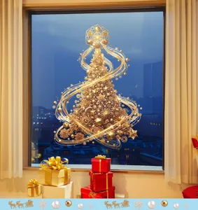 Sticker de fenêtre géométrique sapin de Noël doré pour décoration de fête.