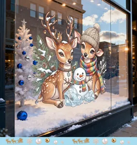 Detailansicht niedlicher Rentier- und Schneemann-Weihnachtsaufkleber für Fenster