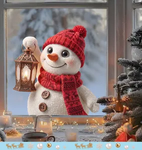 Close-up of a festive Christmas snowman window sticker with red hat and glowing lantern