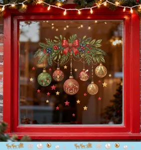 Detailed view of festive Christmas window stickers with baubles on a red frame.
