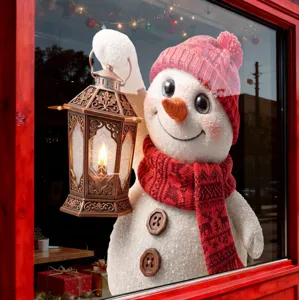 Christmas snowman window sticker featuring a festive snowman holding a vintage lantern