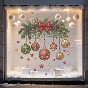 Detailed view of festive Christmas window stickers featuring ornaments and a red bow bow decal