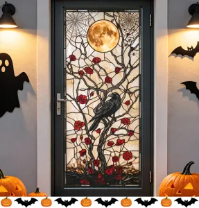Halloween stained glass door cling sticker featuring moon, crow, and spider web design
