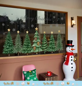 Detalle de pegatinas estáticas de árboles de Navidad con copos para decoración