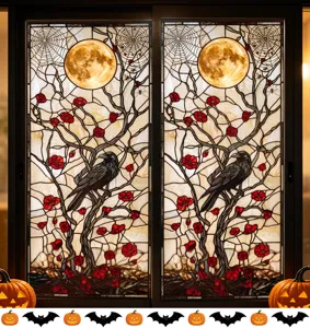 Detailed macro view of stained glass Halloween window sticker with crow and moon design