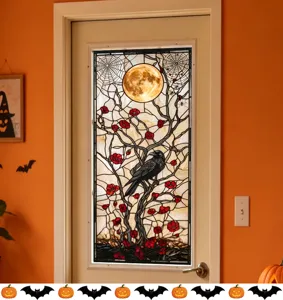 Halloween static glass window door sticker featuring moon, raven and spider web motif