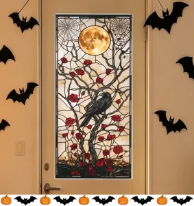 Halloween stained glass style window sticker with moon and crow on a glass door panel