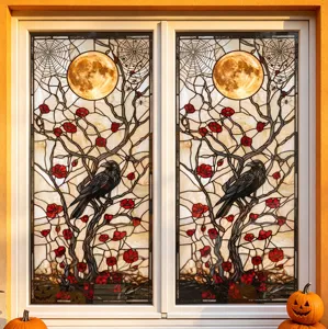Halloween stained glass window film featuring moon, raven and spider web details