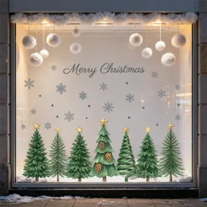 Juego de Pegatinas Estáticas para Ventana de Feliz Navidad Árboles de Bosque Estrellas Doradas Copos de Nieve Calcomanías de Vidrio para Decoración del Hogar