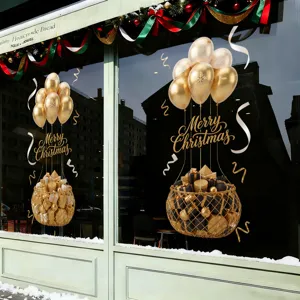 Kerstmis Raamstickers Gouden Heteluchtballon Statische Hechting Dubbelzijdige Glasdeur Decals Feestelijke Decoratie