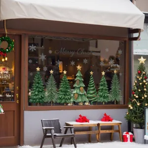 Pegatinas festivas de árbol de Navidad verde para ventana con copos de nieve y estrellas
