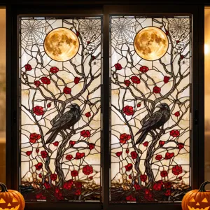 Halloween Stained Glass Window Sticker Gothic Raven Moon Spiderweb Decor Static Cling Self-Adhesive Film For Glass Door Window Holiday Home Decoration