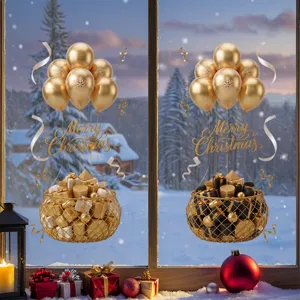 Gouden kerst raamstickers met luchtballon cadeaumandjes voor feestelijke decoratie
