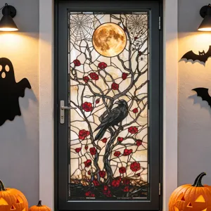 Stained glass style Halloween door sticker featuring moon, crow, and red poppies for decor