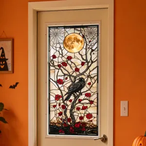 Halloween stained glass style door sticker with moon and crow for home decor