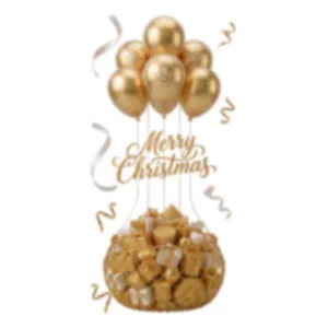 Feestelijke kerst muursticker met een gouden luchtballon vol met luxe cadeauverpakkingen