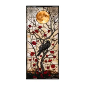 Stained glass style Halloween electrostatic window sticker with moon raven and red flowers.