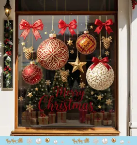 Festive Christmas window stickers featuring red bows, ornaments and Merry Christmas text