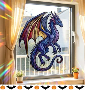 Stained glass style dragon window cling with vibrant rainbow light refraction effect