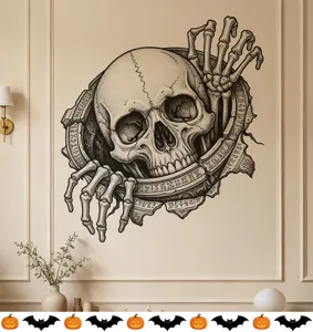 Gedetailleerde Halloween 3D schedel muursticker met artistieke runenpatronen.