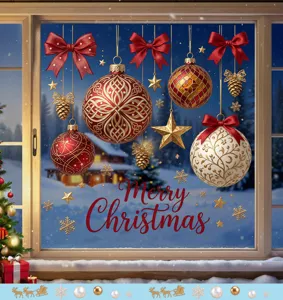 Festive Christmas window stickers featuring ball ornaments, red bows, and stars on glass window