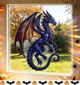 Blue and purple dragon static window sticker with stained glass style for Halloween