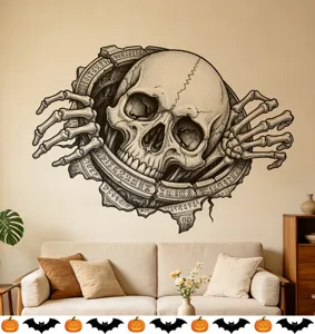 3D Halloween schedel muursticker met runen op een woonkamer muur boven een bank