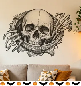 Gedetailleerd macro-zicht van 3D-effect schedel muursticker met runensteenframe voor Halloween decor