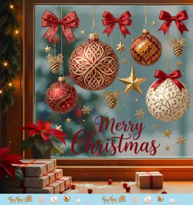 Intricate Christmas window stickers featuring red bows, golden stars, and festive ornaments.