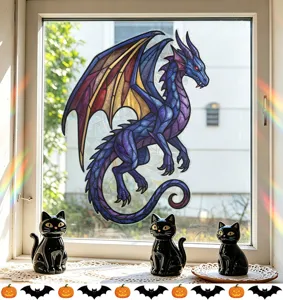 Detailed view of the colorful blue and purple dragon window sticker with stained glass effect