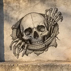 Gedetailleerde 3D-schedel muursticker met oude runen voor realistische Halloween-decoratie.
