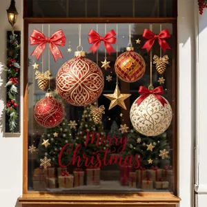 Christmas Window Stickers Static Cling Merry Christmas Bulbs Bows Pine Cones Stars Decoration For Glass Doors Shop Windows Home Decor