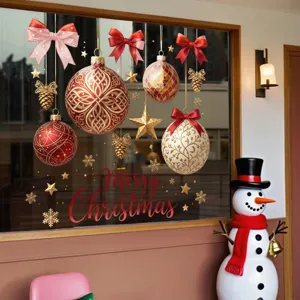 Festive Christmas window stickers with hanging balls, stars, and bows decoration.
