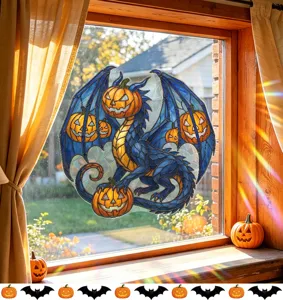 Detailed view of Halloween pumpkin blue dragon window sticker in a sunlit room setting