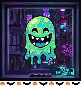 Nahaufnahme eines neongrünen Cartoon-Geist-Fensteraufklebers in einer Cyberpunk-Szene.