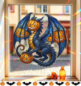 Vibrant stained glass blue dragon window decal with pumpkins on sunlit glass window