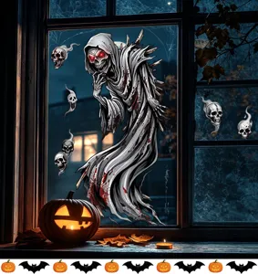 Stickers de fenêtre statiques Halloween faucheuse et crânes flottants pour déco d'horreur.