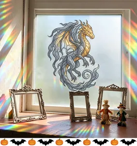 Detailed view of rainbow dragon electrostatic window film applied to frosted glass