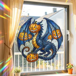 Detailed view of Halloween blue dragon pumpkin head static window sticker on glass